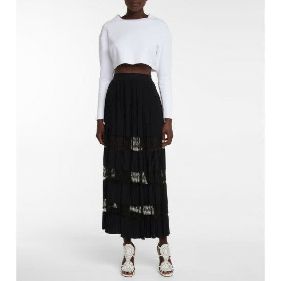 * Alaia Lace-Trimmed Pleated Knit Maxi Skirt