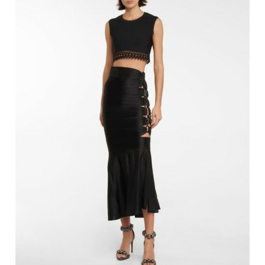 * Alaia Mesh-Insert Lace-Up Midi Skirt