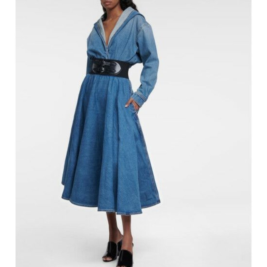 * Alaia Belted Denim Midi Skirt