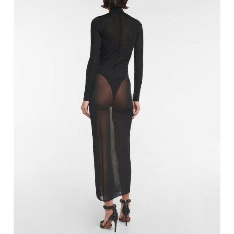 * Alaia Sheer Turtleneck Jersey Maxi Dress