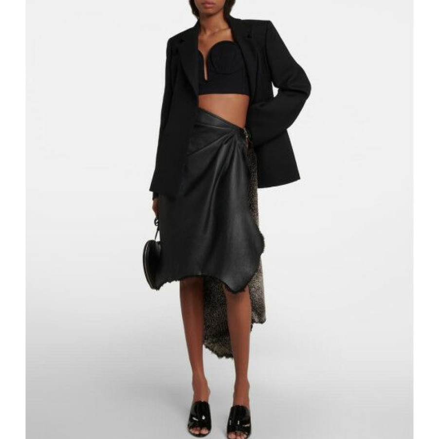 * Alaia Draped High-Rise Leather And Shearling Midi Skirt