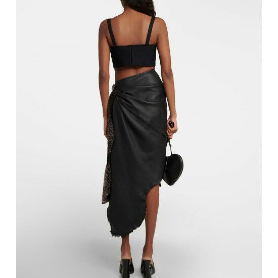 * Alaia Draped High-Rise Leather And Shearling Midi Skirt